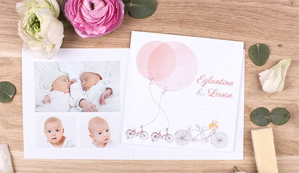 Faire-part naissance jumeaux Bicyclette
